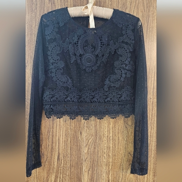 Sheer Boho Lace & Mesh Blouse Polka Dots & Embroidery Whimsigoth Size S Stretch - Picture 1 of 6